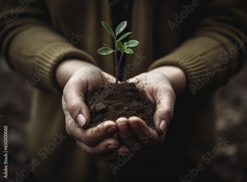 Hands holding small plant in fertile soil, environmental sustainability, nurturing growth, eco-awareness concept. Closeup 