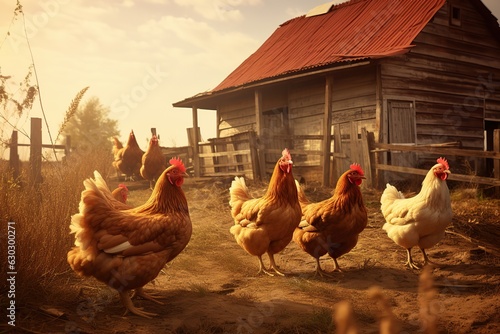 Obraz na płótnie Barn on farm with chickens. Ai art
