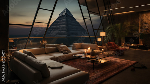 luxury hotel lounge with view on pyramid