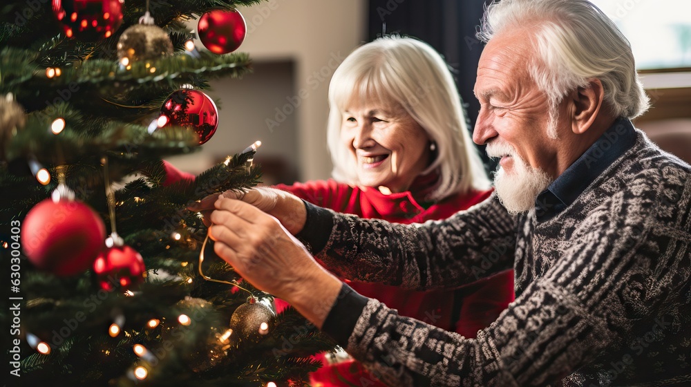 Mature senior happy couple decorating Christmas tree at home,celebrating winter holidays together Mature senior happy couple decorating Christmas tree at home,celebrating winter holidays together