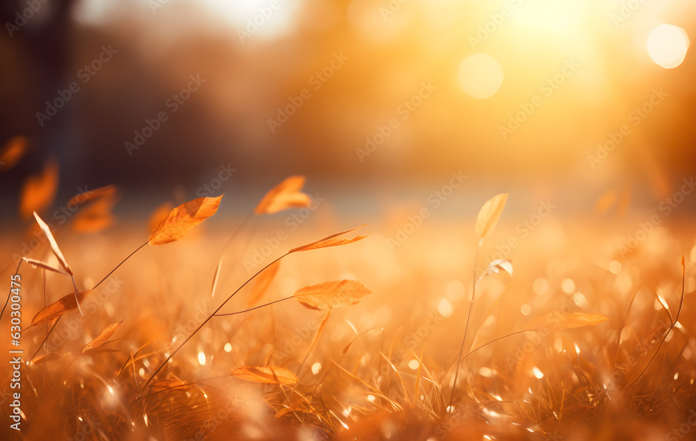 Beautiful blurred gentle universal natural light autumn background with yellow leaves and blurred bokeh. AI generated.