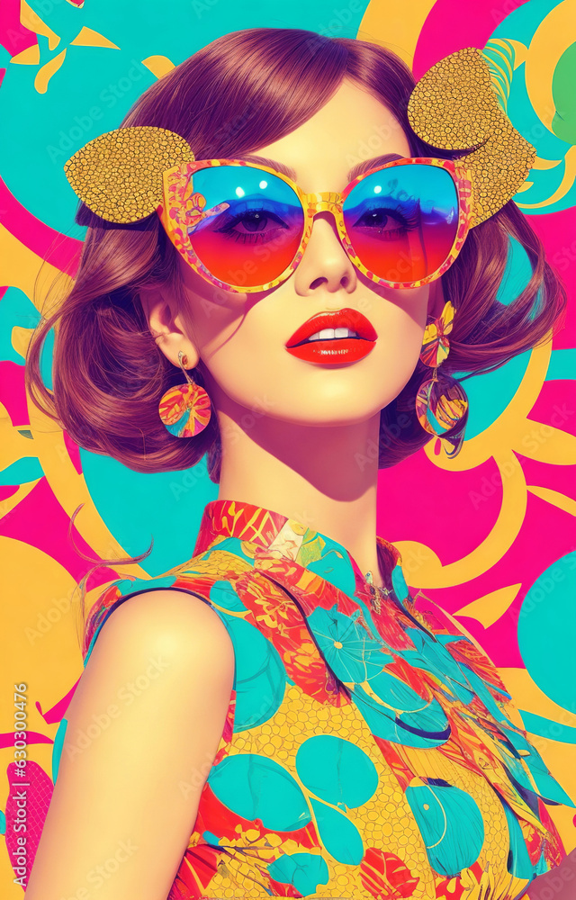 Fototapeta premium woman, dress, sunglasses, pop art, summer, vibes, trendy, fashion, style, portrait, beauty, model, young, attractive, happy, smiling, cheerful, joyful, carefree, positive, trendy art summer modern, ch