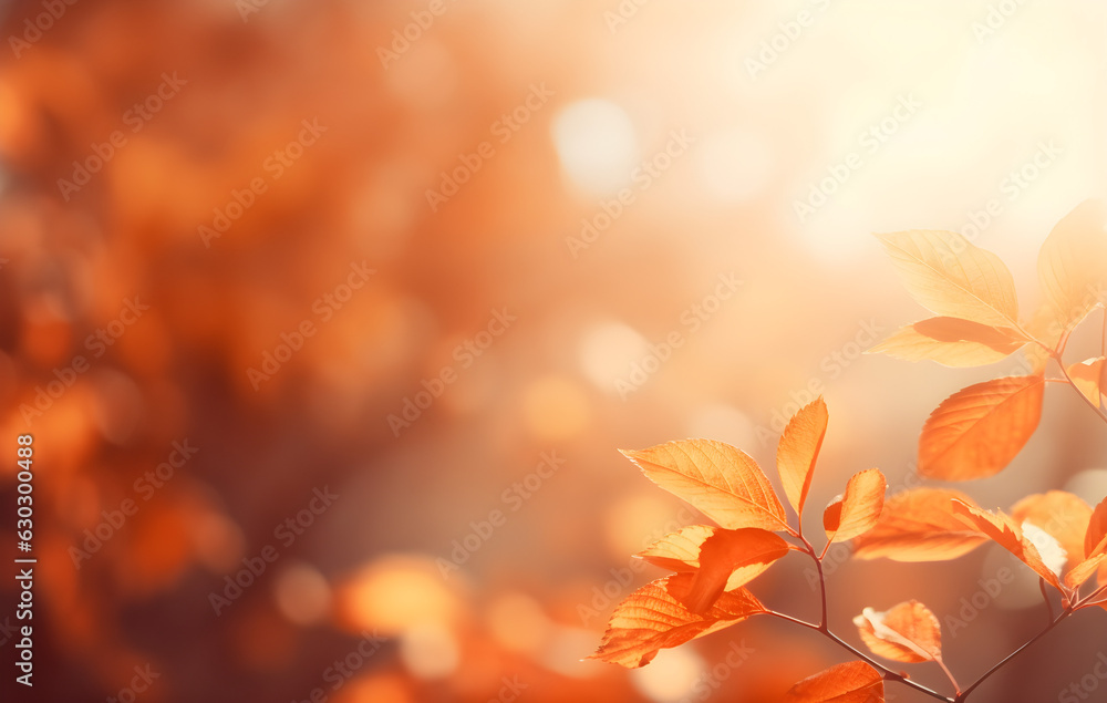 Beautiful blurred gentle universal natural light autumn background with yellow leaves and blurred bokeh. AI generated.