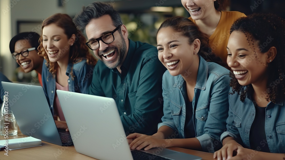 Fototapeta premium Non typical men and women in a modern office, Happy businesspeople laughing while collaborating
