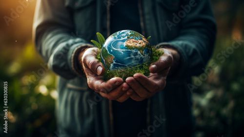 Male hands carefully holding the earth planet, ecological natural earth day concept. 