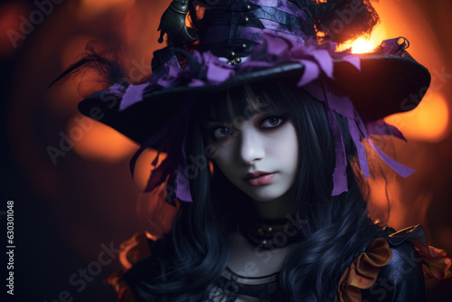 Young girl wearing a witch hat and a choker necklace, halloween costume