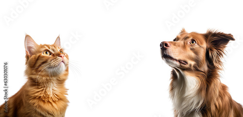 banner with a cat and a dog looking up, isolated on white background.  © iconogenic