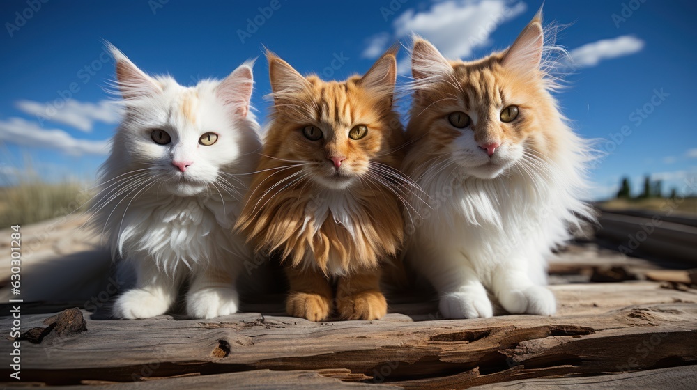 3 cats, 3 colors, 3 breeds Relax and be happy, bask in the spring sun.