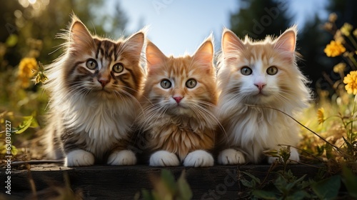 3 cats, 3 colors, 3 breeds Relax and be happy, bask in the spring sun. © sirisakboakaew