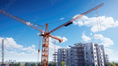 Crane and building construction site on blue sky background