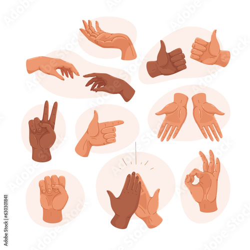 Hands of Caucasian and Black people vector illustrations set. Collection of cartoon drawings of different hand gestures of Caucasian and African American persons. Communication, gestures concept