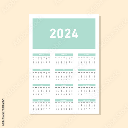 2024 calendar in pastel mint green vector design template
