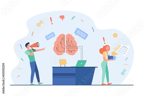 Employer firing female worker vector illustration. AI brain connected to computer replacing human employees at work. Job automation, job losses due to artificial intelligence concept
