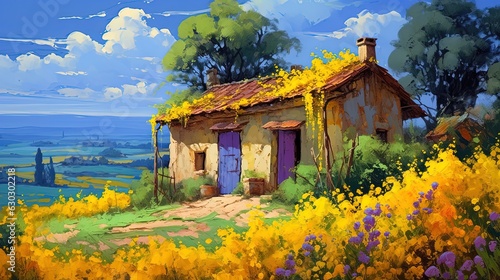 painting style illustration of  a small cottage on hill with beautiful nature scenery, Generative Ai