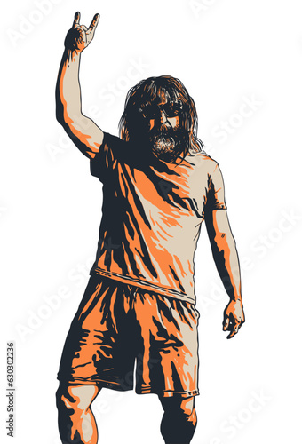 Old Bearded Rocker Shows Sign Of The Horns Symbol. Vector Illustration.