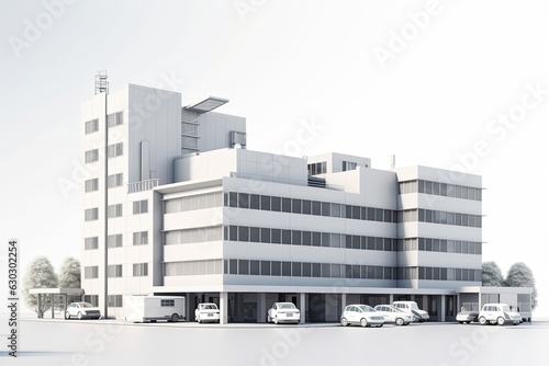 An architectural white building that houses various commercial and medical facilities. White background.