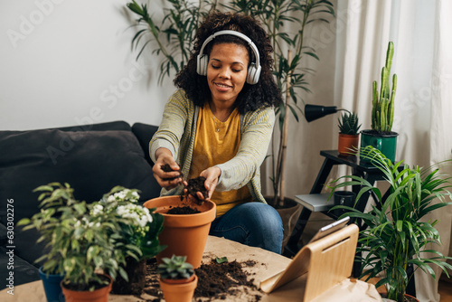 Beautiful multiracial woman is working with houseplants.