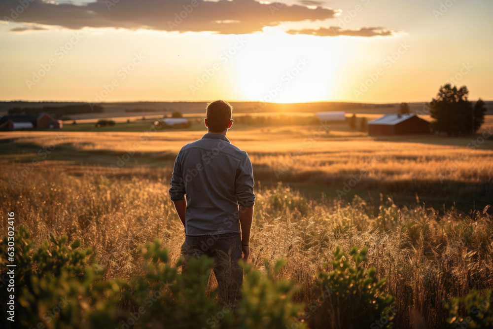 Man standing in a field during sunset. The man is wearing a blue jacket and jeans. The field is filled with tall grass and shrubs Man standing in a field during sunset. The man is wearing a blue jacket and jeans. The field is filled with tall grass and shrubs