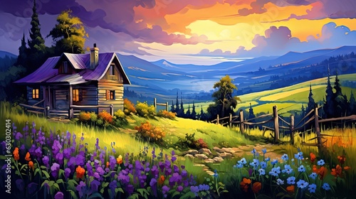painting style illustration of a small cottage on hill with beautiful nature scenery, Generative Ai
