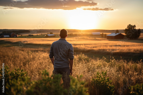 Man standing in a field during sunset. The man is wearing a blue jacket and jeans. The field is filled with tall grass and shrubs © Florian
