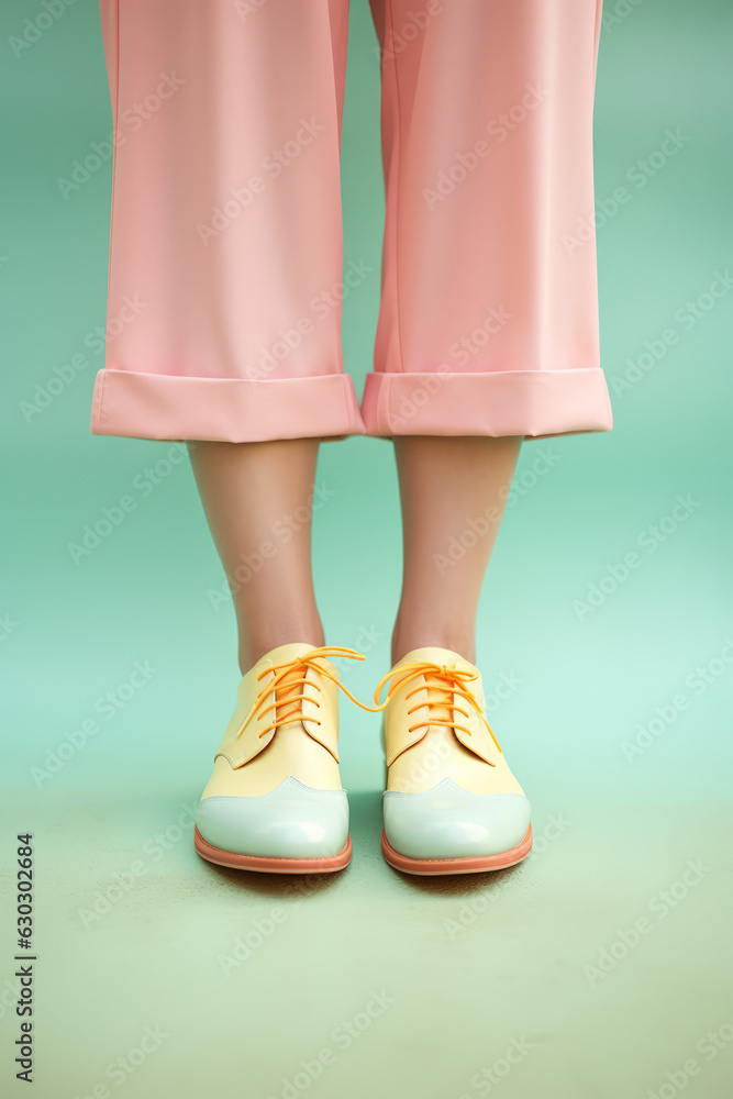 Legs of a woman in modern, pastel colored shoes. Fashion, shopping, shoes, minimal concept. AI generative, illustration Legs of a woman in modern, pastel colored shoes. Fashion, shopping, shoes, minimal concept. AI generative, illustration