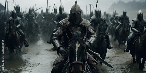 Medieval Armored Knights Battle over their horses, fighting with honor, movie cine still image © Banana Images