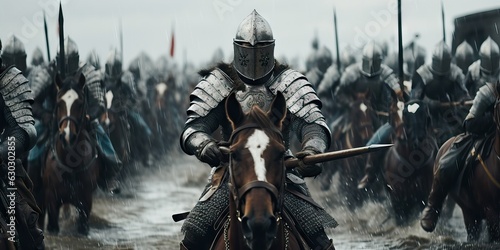 Fotografia Medieval Armored Knights Battle over their horses, fighting with honor, movie ci