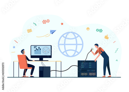 Worker holding fiber optic cable in hand vector illustration. User working on computer connected to global network by internet connection. Speed data connection, telecommunication concept