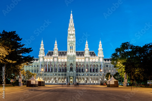 Vienna historic city hall illuminated at night with blue sky in Austria