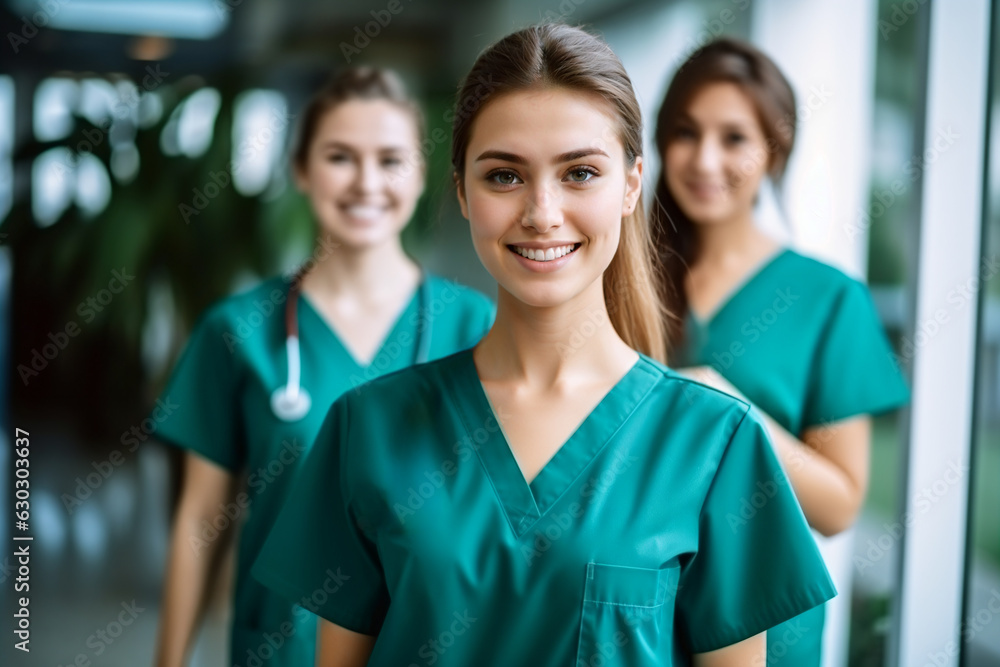 Portrait of a young nursing student standing with her team in hospital. Generative ai Portrait of a young nursing student standing with her team in hospital. Generative ai