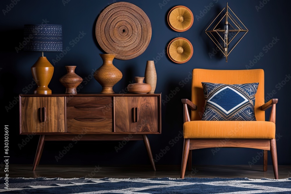 Warm-toned living room furnishings with a chair against a dark-blue wall that isn't occupied. Generative AI - obrazy, fototapety, plakaty 