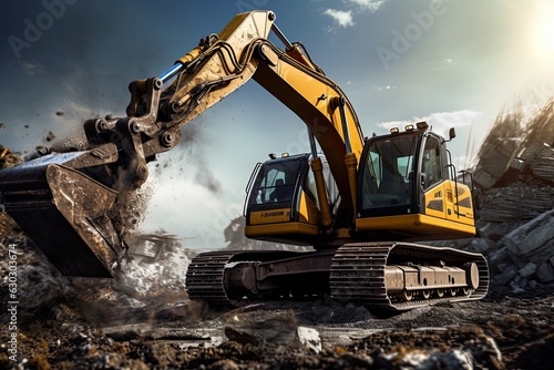 yellow excavator loader machine at demolition construction site