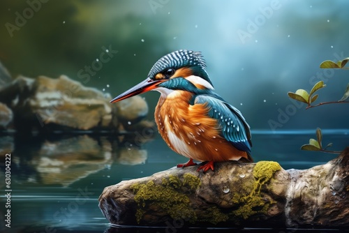 Kingfisher is relaxing on the rock. © kardaska
