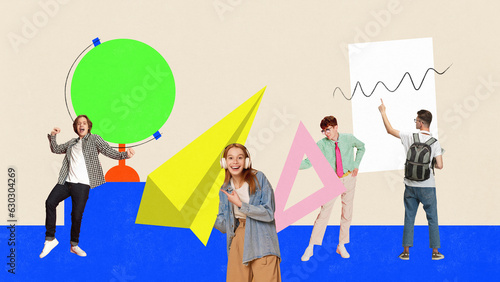 Happy school days. Image of students with drawing globe, triangle, paper plane in bright colors over beige background. Contemporary art collage.