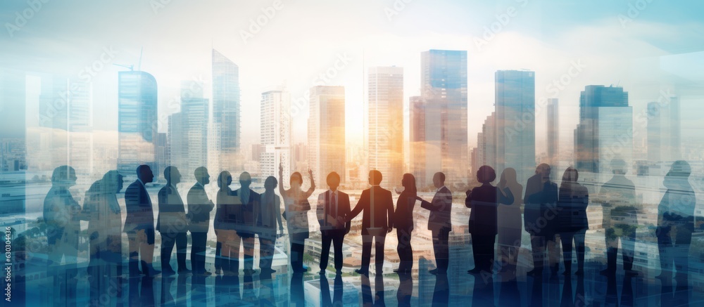 business successful people double exposure with highrise modern city office building business people standing together success agreement and working together,ai generate