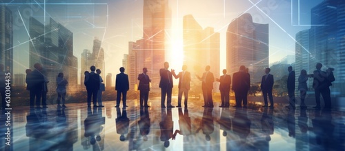 business successful people double exposure with highrise modern city office building business people standing together success agreement and working together,ai generate