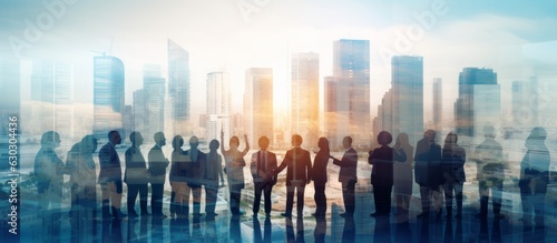 business successful people double exposure with highrise modern city office building business people standing together success agreement and working together ai generate