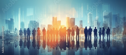 business successful people double exposure with highrise modern city office building business people standing together success agreement and working together,ai generate © VERTEX SPACE