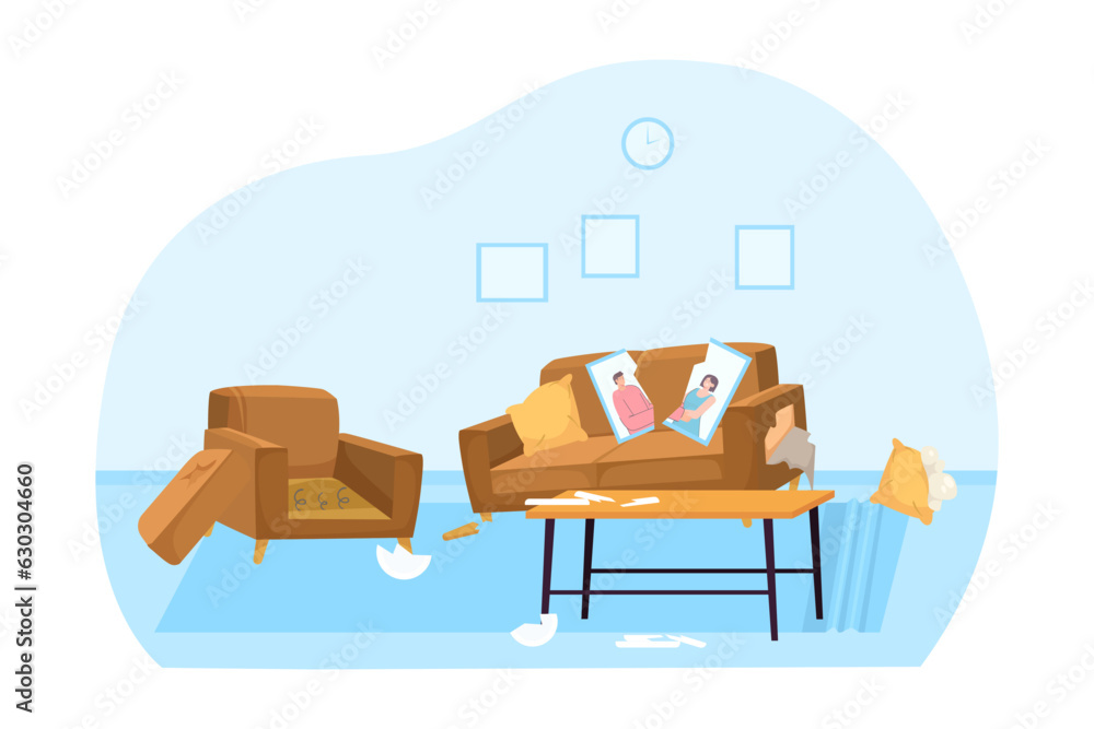 Room with broken furniture vector illustration. Destroyed couch and