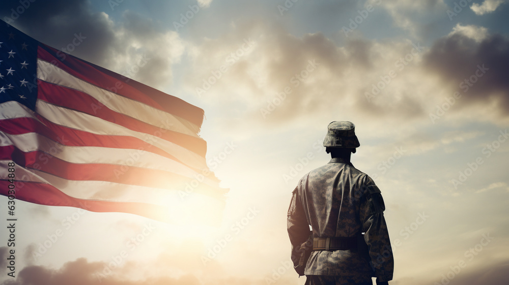 Military male soldier with the USA flag copy space background Memorial National Day, Veterans Day banner. Military male soldier with the USA flag copy space background Memorial National Day, Veterans Day banner.