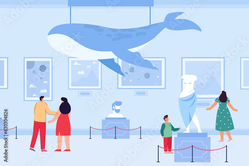 Happy people visiting art gallery vector illustration. Couples and children enjoying paintings and sculptures, whale installation on ceiling. Art exhibition, culture, education concept