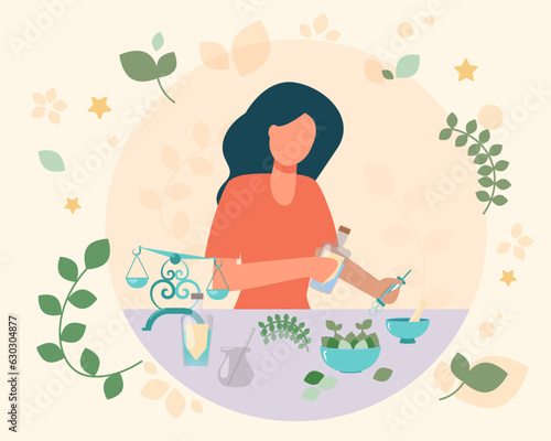 Woman making herbal medicine vector illustration. Doctor working with leafs and bottles on table, producing homeopathic pills or essential oils. Alternative medicine, health care concept
