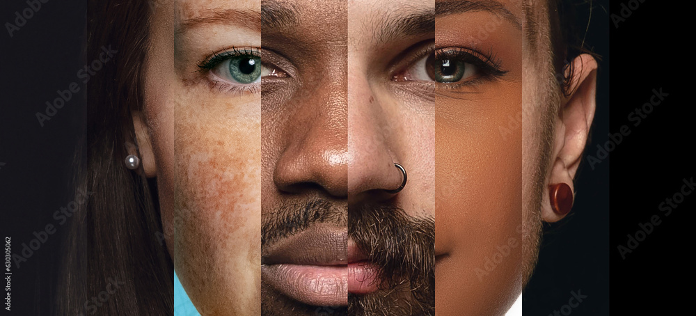 Human face made from different portrait of men and women of diverse age and race. Combination of faces. Friendship. Concept of social equality, human rights, freedom, diversity, acceptance - obrazy, fototapety, plakaty 