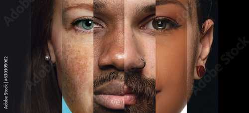 Human face made from different portrait of men and women of diverse age and race. Combination of faces. Friendship. Concept of social equality, human rights, freedom, diversity, acceptance photo