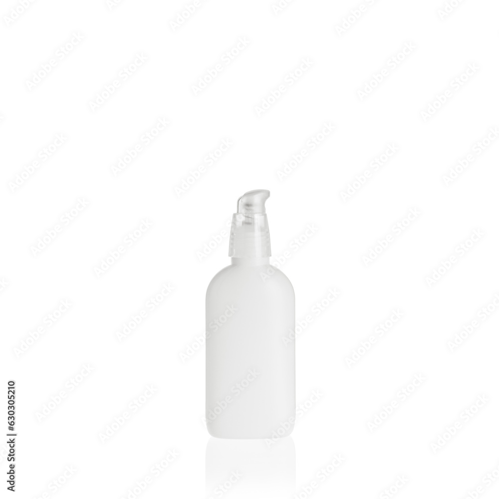 White elliptical medium PEHD bottle container with transparent lotion pump on white background. Template of a bottle for cosmetics. White elliptical medium PEHD bottle container with transparent lotion pump on white background. Template of a bottle for cosmetics.