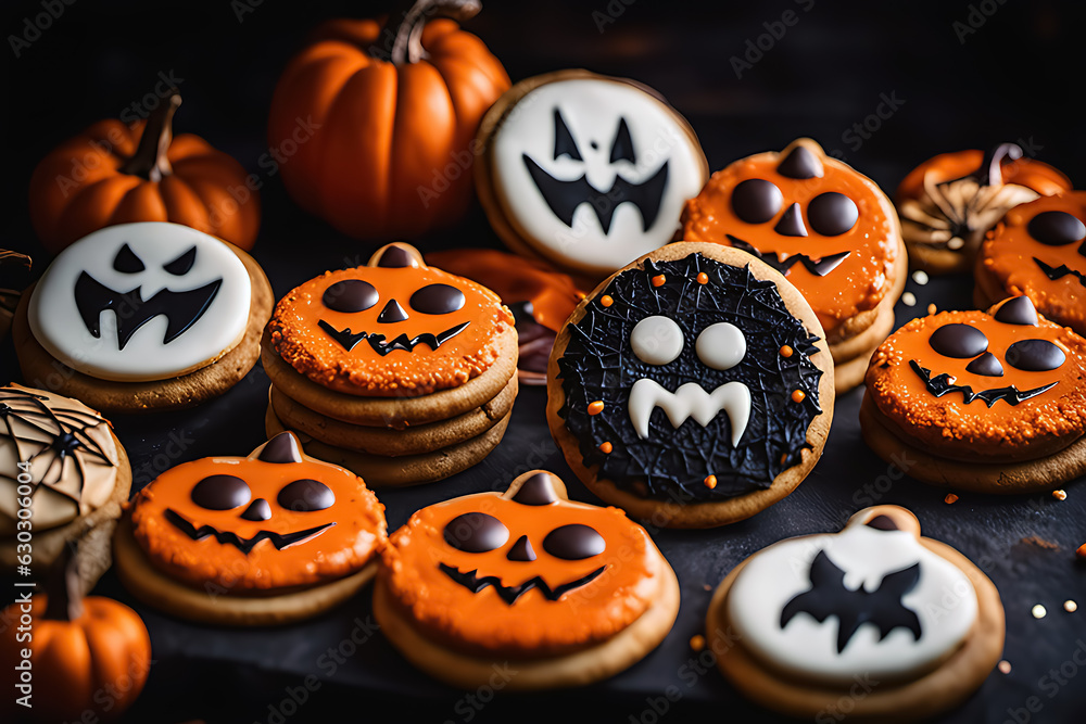 Delicoisas galletas para Halloween. Galletas de mantequilla recién hechas. Galletas de monstruos para eventos. Galletas horneadas con decoración. Ilustración creada con herramientas generativas de IA. Delicoisas galletas para Halloween. Galletas de mantequilla recién hechas. Galletas de monstruos para eventos. Galletas horneadas con decoración. Ilustración creada con herramientas generativas de IA.