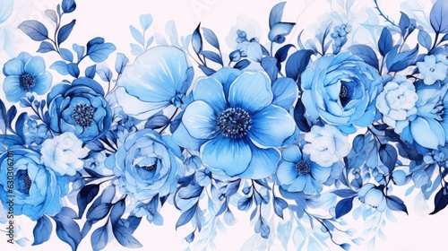 Watercolour floral pattern. elegant luxury blue wallpaper