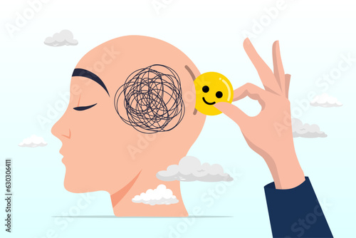 Businessman holding pink coin with happiness face to insert into depressed thinking head to cure from stressed, happiness cure work stressed, care for mental health or relax from tired work (Vector)
