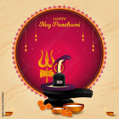 Happy Nag Panchami greeting card with king cobra Snake, milk, shivling. Hindu Festival Poster Realistic design with copy space Vector illustration. Social media post, website, banner, promotion invite photo