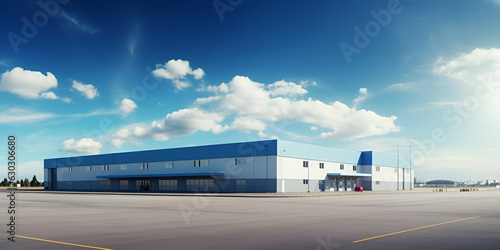 logistics center, warehouse, or large retail store under a blue sky. AI generated so has no ties with any real entities. New condition building, under a fair blue